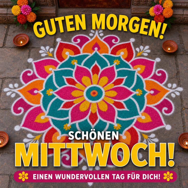 Ein farbenfrohes Mandala aus Blüten ziert den Boden an einem Mittwoch, eingerahmt von Blumen und Kerzen, mit einem herzlichen Guten-Morgen-Gruß.