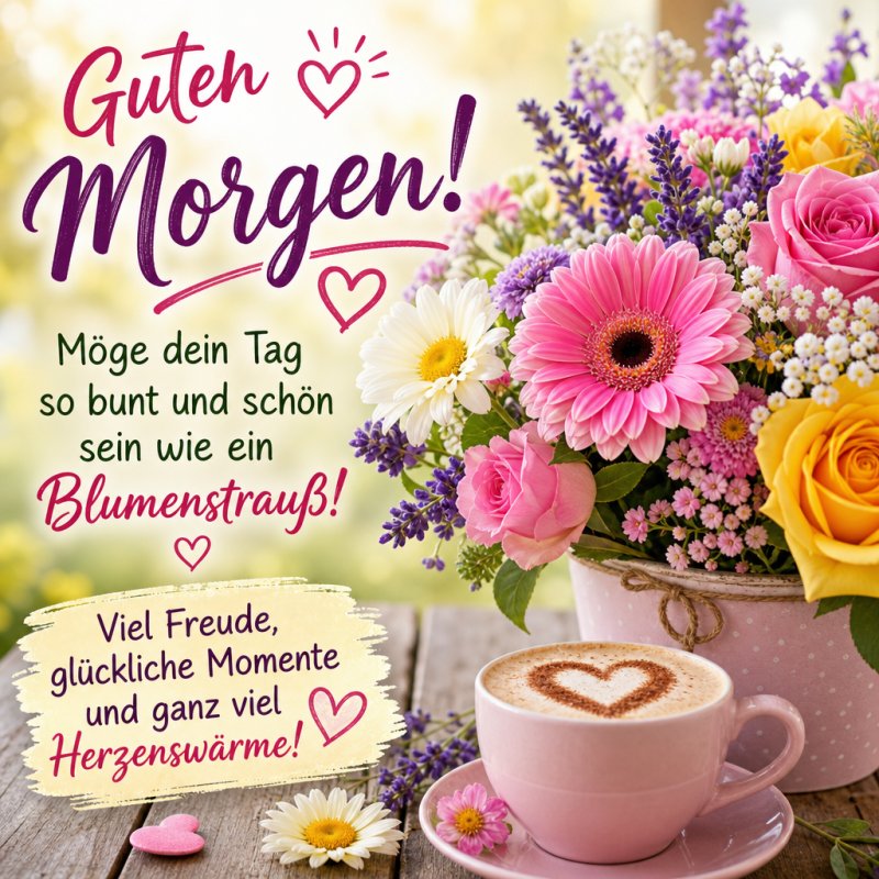 Ein bunter Blumenstrauß mit Rosen und Gerbera in einer rosa Tasse neben einem Cappuccino mit Herzmotiv, begleitet von einem Guten-Morgen-Gruß.