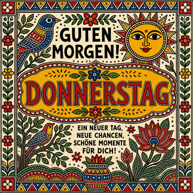 Ein farbenfroher Guten-Morgen-Gruß mit Sonne, bunten Vögeln und Blumenmotiven verziert, ideal zum Start in den Donnerstag.