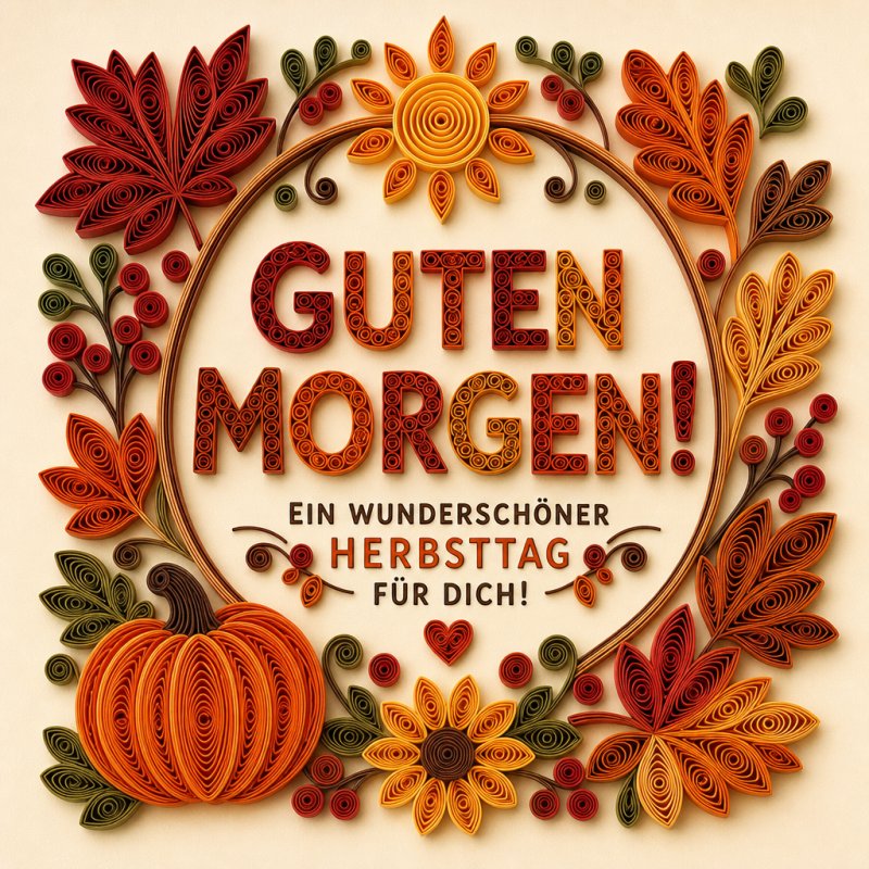 Ein farbenfroher Herbstkranz aus kunstvoll gerolltem Papier mit Blättern, Beeren und Kürbis umrahmt einen „Guten Morgen“ Gruß in der Mitte.