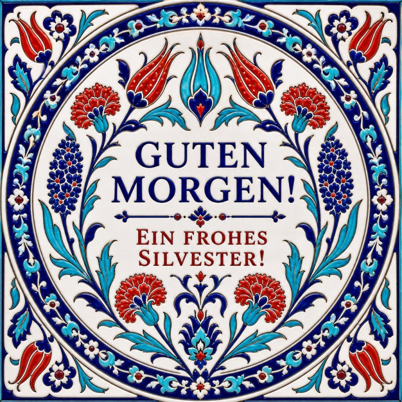 Ein farbenfrohes Silvester-Grußbild mit floralem Muster und traditioneller Ornamentik, das Guten Morgen und ein frohes Silvester wünscht.
