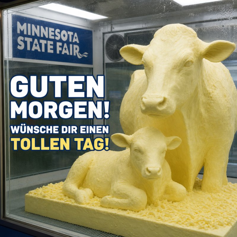 Eine Mutterkuh und ein Kalb aus Butter geformt sind Teil eines Guten Morgen Grußes auf der Minnesota State Fair, die warme, ländliche Stimmung ausstrahlt.