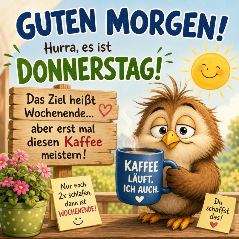 Eine niedliche Eule hält eine Kaffeetasse, umgeben von Blumen und Schildern mit motivierenden Sprüchen für einen fröhlichen Guten-Morgen-Gruß am Donnerstag.