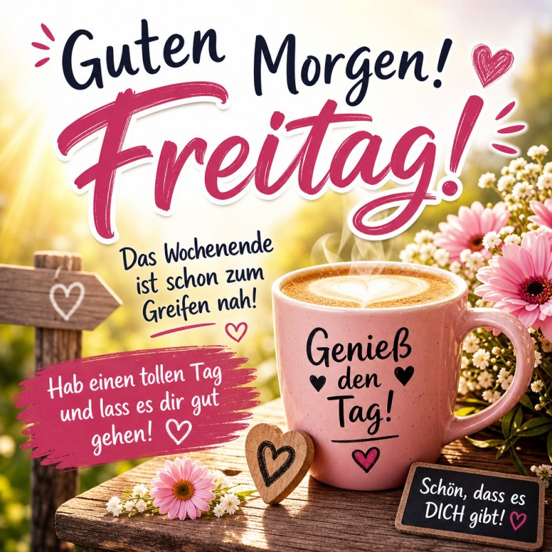 Eine fröhliche Guten-Morgen-Grußkarte zeigt eine Tasse Kaffee mit Schaumherz, umgeben von weißen Blumen und Holzdekorationen auf einem Tisch im Sonnenlicht.