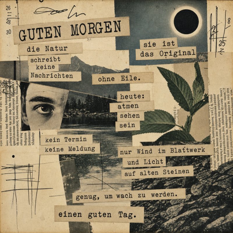 Ein künstlerisches Guten-Morgen-Gruß-Collage mit einem Auge, Pflanzen und einem Sonnenaufgang über einem See, in einem Vintage-Stil gestaltet.