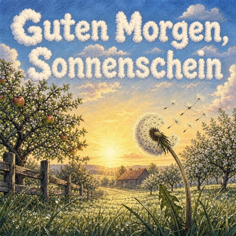 Detaillierte Ink-Illustration eines Guten-Morgen-Grußes: Eine Farm Obstgarten im Morgengrauen mit einem Dandelion, umgeben von Wolken, die einen Text bilden.