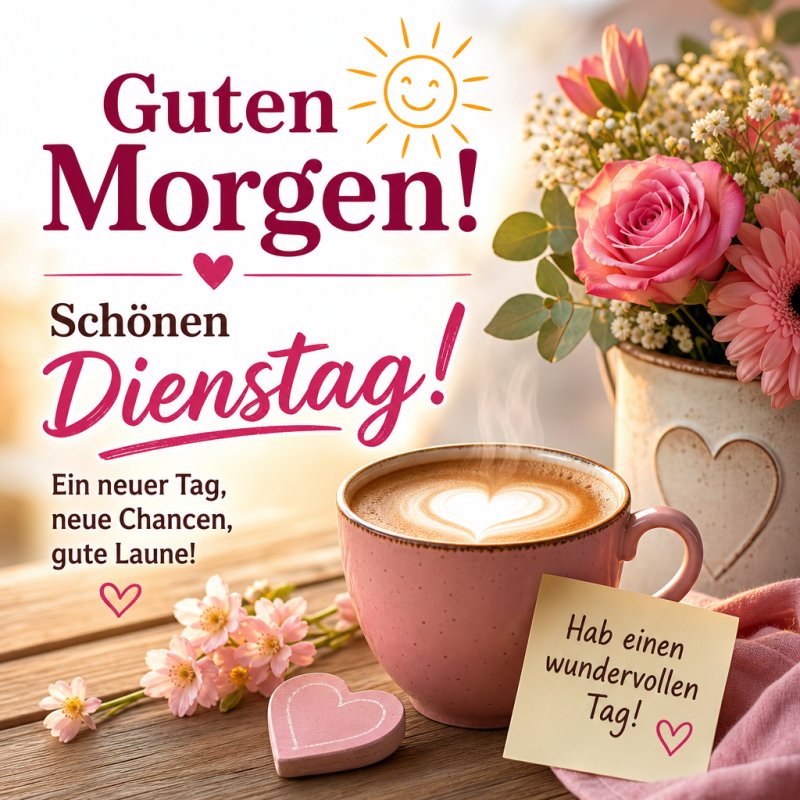 Ein liebevoller Guten-Morgen-Gruß zeigt eine Tasse Kaffee mit Herzschaum, rosa Blumen und eine Notiz "Hab einen wundervollen Tag!" auf einem Holztisch.