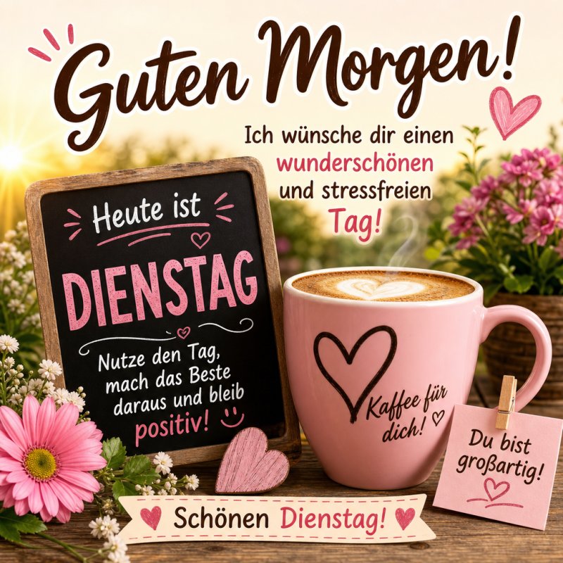 Ein freundlicher Guten-Morgen-Gruß zeigt eine Tafel mit "Dienstag", eine Tasse Kaffee mit Herzmuster und blühende rosa Blumen für einen positiven Start in den Tag.