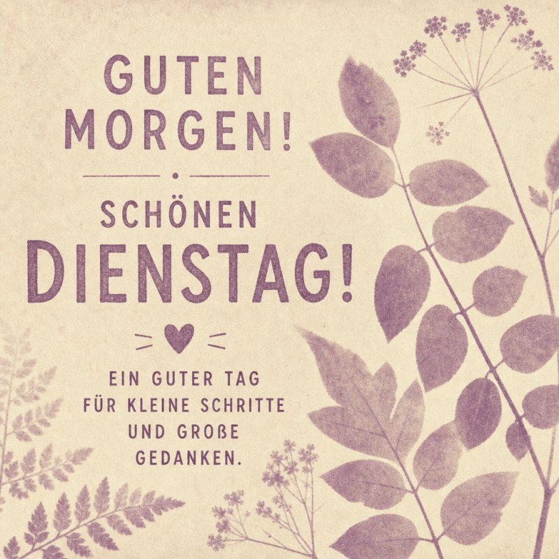 Ein Guten-Morgen-Gruß mit botanischen Silhouetten und herzlichem Spruch für einen schönen Dienstag auf sanftem beigem Hintergrund.