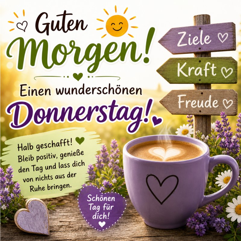 Ein Kaffee mit Herzmuster, umgeben von Lavendelblüten, neben einem Wegweiser und der Aufschrift 'Guten Morgen' für einen positiven Donnerstag.