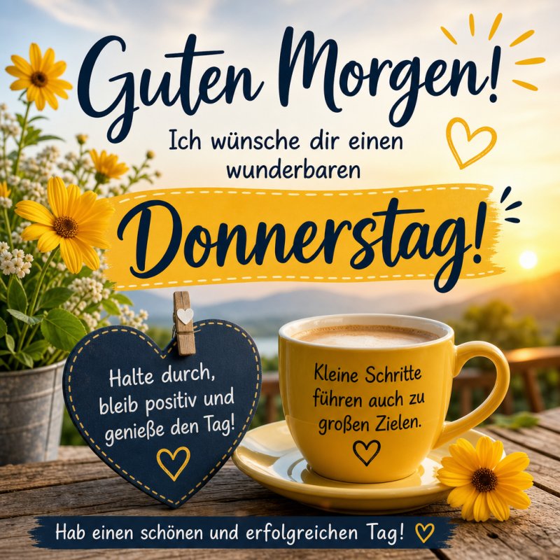 Ein herzlicher Guten-Morgen-Gruß mit einer Tasse Kaffee und Sonnenblumen auf einem Tisch, begleitet von motivierenden Botschaften für den Donnerstag.