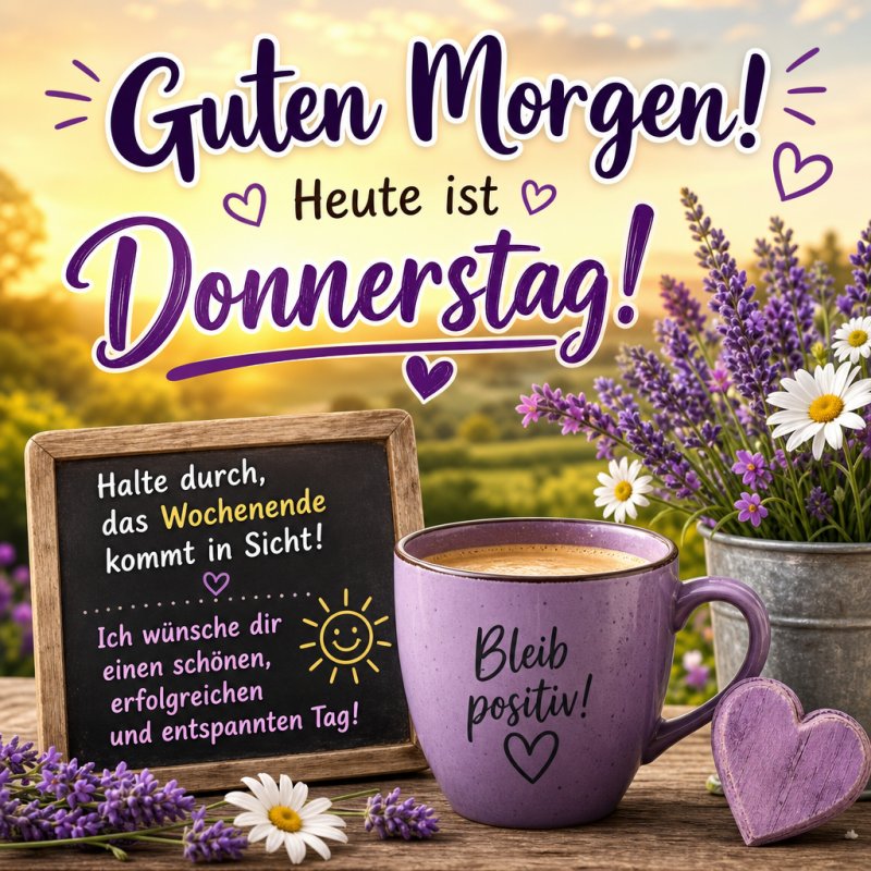 Ein Guten-Morgen-Gruß zeigt eine lilafarbene Tasse mit Kaffee, umgeben von Lavendelblüten und einer Tafel mit Botschaft vor einem sonnigen Feld.