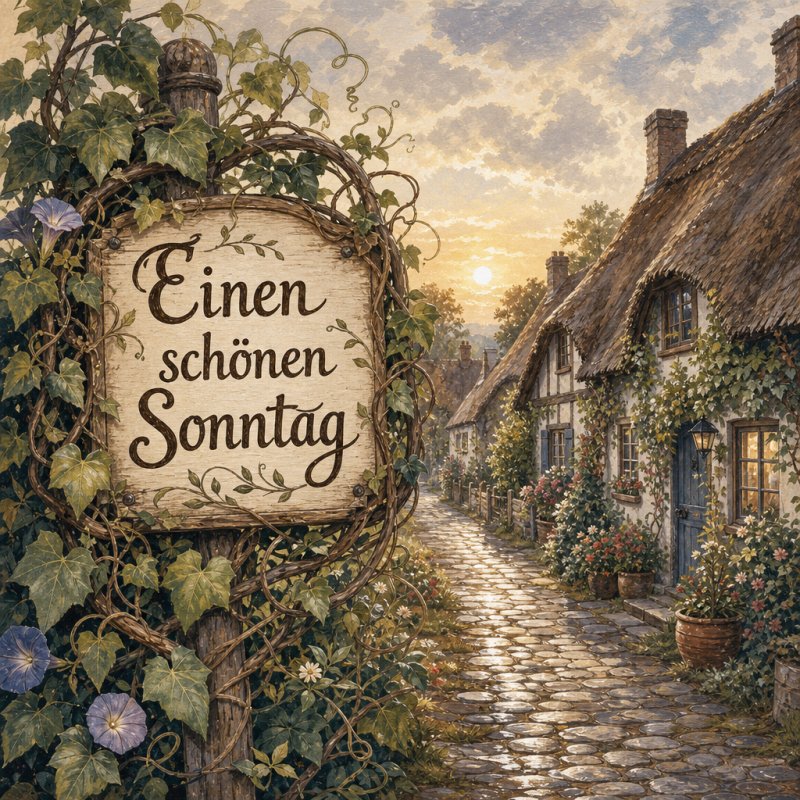 Eine ländliche Dorfstraße im morgendlichen Tau mit einem Guten-Morgen-Gruß auf handgemalten Blättern und pastellfarbenen Häuschen im Hintergrund.