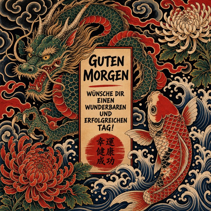 Ein kunstvoller Guten-Morgen-Gruß zeigt einen Drachen und einen Koi Fisch, umgeben von Wellen und Chrysanthemen in traditionellem asiatischen Stil.