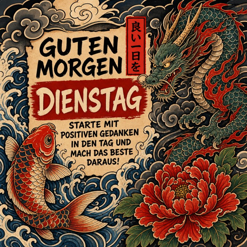 Ein traditionell inspiriertes Bild mit einem Drachen, einem Koi, einer großen Blume und japanischen Mustern für einen Guten-Morgen-Gruß am Dienstag.
