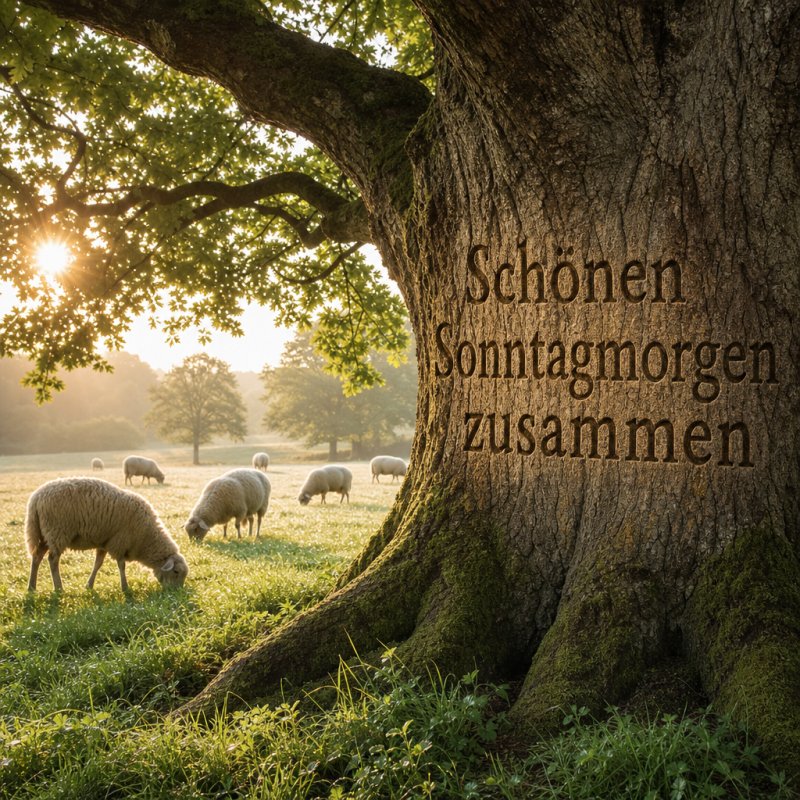Guten Morgen in einem sanften Foto: Schafe weiden unter einer alten Eiche bei Sonnenaufgang, während der Guten-Morgen-Gruß wie natürlich in die Rinde geschnitzt erscheint.