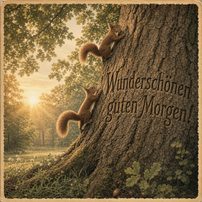 Guten-Morgen-Gruß in einem handkolorierten Vintage-Postkarten-Druck: Zwei spielende Eichhörnchen im morgendlichen Waldbereich, geprägt auf einer Baumrinde.