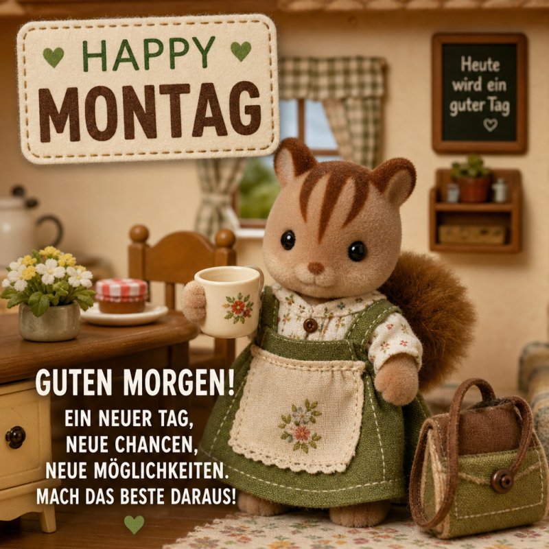 Ein fröhliches Stoff-Eichhörnchen steht in einem gemütlichen Puppenhaus mit Tasse in der Hand für einen Guten-Morgen-Gruß in einem montäglichen Ambiente.