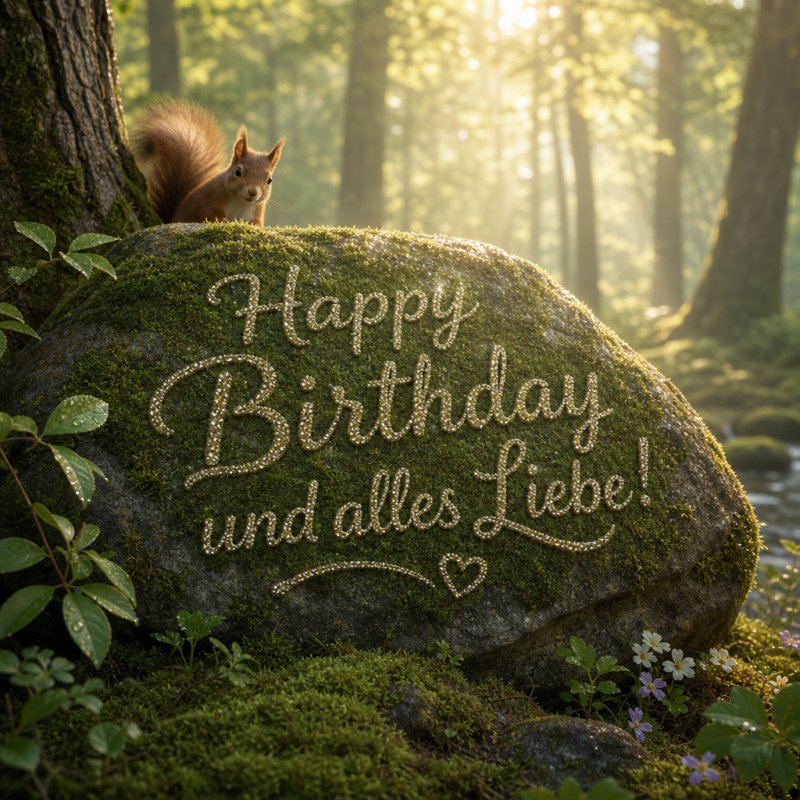 Ein fotorealistisches 3D-Render zeigt einen Guten-Morgen-Gruß in einer moosigen Waldlichtung, wo ein neugieriges Eichhörnchen das weiche Morgenlicht genießt.
