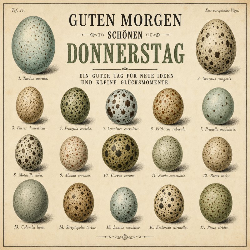 Antiker Druck von Vogel- und gefleckten Eiern mit der Aufschrift 'Guten Morgen' und 'Donnerstag', ideal für einen stilvollen Guten-Morgen-Gruß.