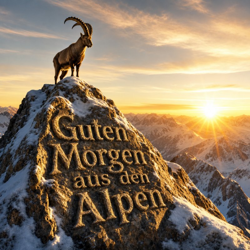 Guten-Morgen-Gruß als weiche Fotografie: Ein majestätischer Steinbock steht auf einem schneebedeckten Gipfel im Morgenlicht der Alpen.