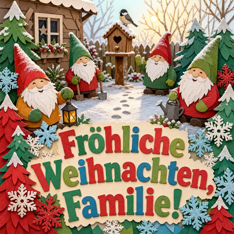 Guten-Morgen-Gruß in Papercraft-Collage: Gartenfiguren und Vogelhäuschen im Schnee, geschmückt mit Papierbäumen und Flocken, umrahmen den Weihnachtsgruß.