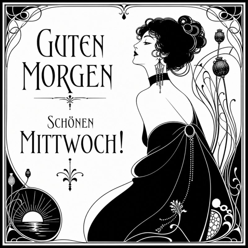 Ein eleganter Jugendstil-Guten-Morgen-Gruß zeigt eine Frau im Profil mit hochgestecktem Haar und kunstvollen Ornamenten in Schwarz-Weiß. Schönen Mittwoch!