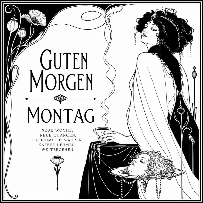 Eine stilvolle Frau in einem Jugendstil-Design hält eine Kaffeetasse, daneben liegt ein Tablett mit einem Kopf, als Teil eines Guten-Morgen-Grußes für Montag.