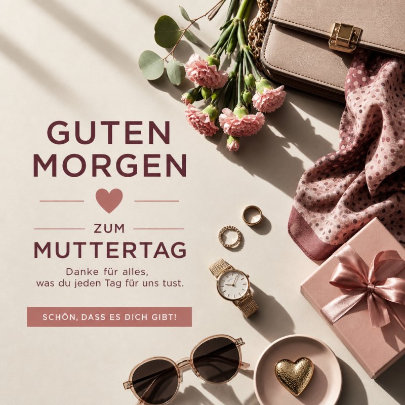 Elegante Kollage aus Uhr, Geschenkbox, Accessoires und einem Blumenstrauß mit einem Guten-Morgen-Gruß für Muttertag, auf stilvollem Hintergrund arrangiert.