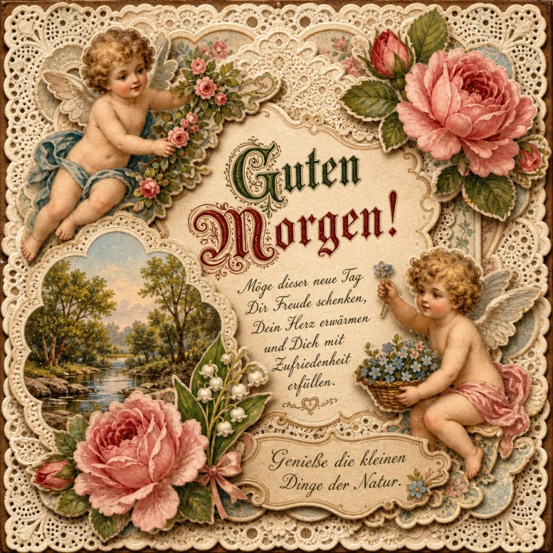 Eine nostalgische Guten-Morgen-Grußkarte mit zwei Engeln, umgeben von Rosen und Lilien, in einem romantischen, floralen Rahmen.