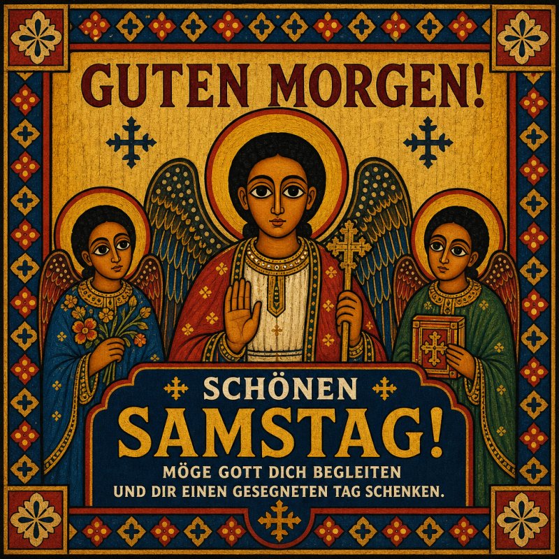 Ein kunstvoller Guten-Morgen-Gruß zeigt drei Engel im traditionellen, religiösen Stil mit Heiligenscheinen und kunstvollen Mustern.