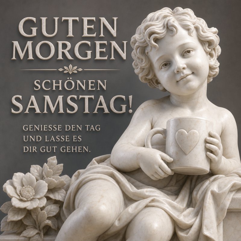 Ein Engelsstatue mit lockigem Haar und einem Becher mit Herzmotiv illustriert den Samstag in einem freundlichen Guten-Morgen-Gruß.