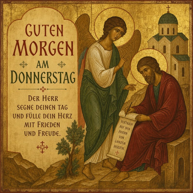 Ein Engel spricht mit einem sitzenden Evangelisten in einem ikonischen Kunststil, begleitet von einem Guten-Morgen-Gruß am Donnerstag mit Kirchengebäude im Hintergrund.