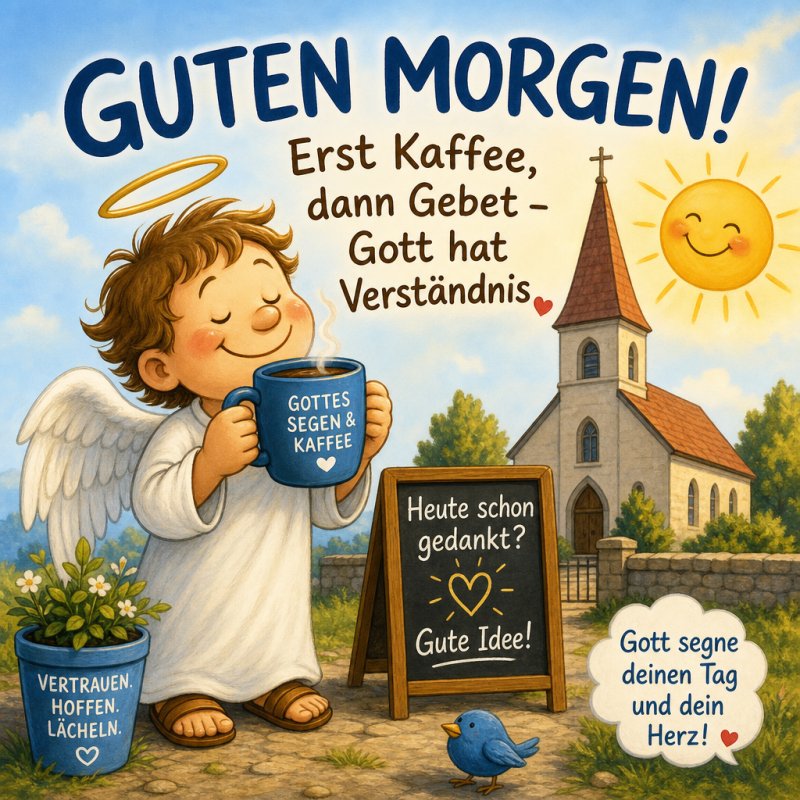 Ein lächelnder Engel mit Kaffeetasse steht vor einer Kirche unter sonnigem Himmel, perfekt für einen religiösen Guten-Morgen-Gruß.