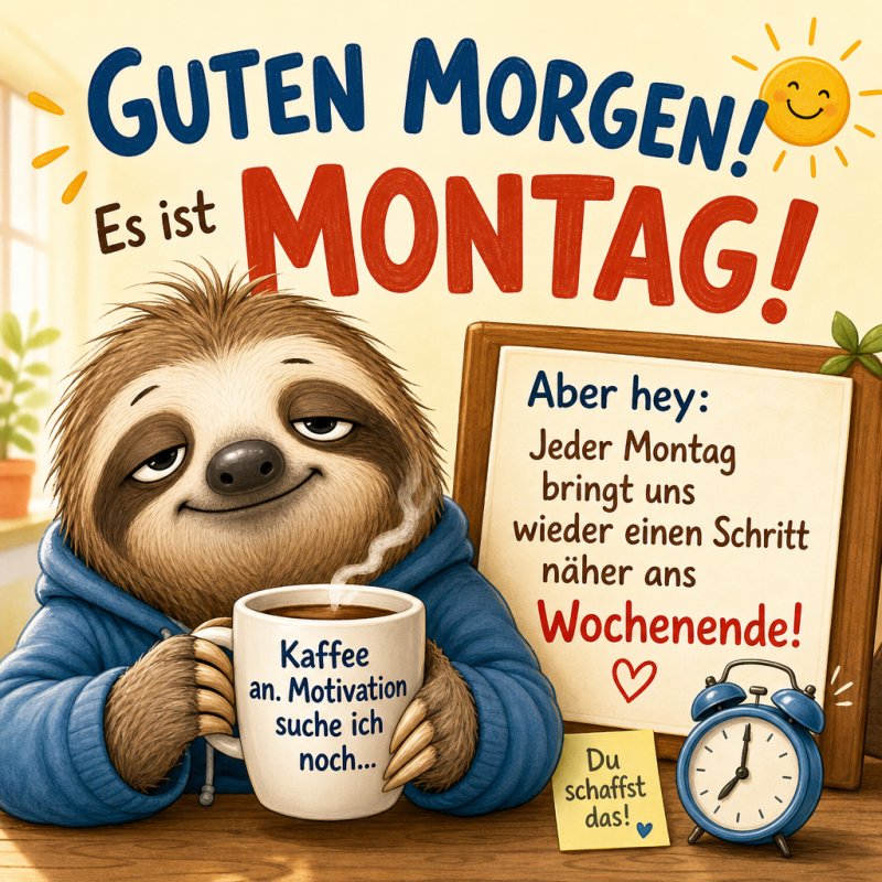 Ein niedliches Faultier in einem blauen Hoodie hält eine Tasse Kaffee, daneben ein Wecker, motivierende Zitate und der Text 'Guten Morgen' für den Montag.