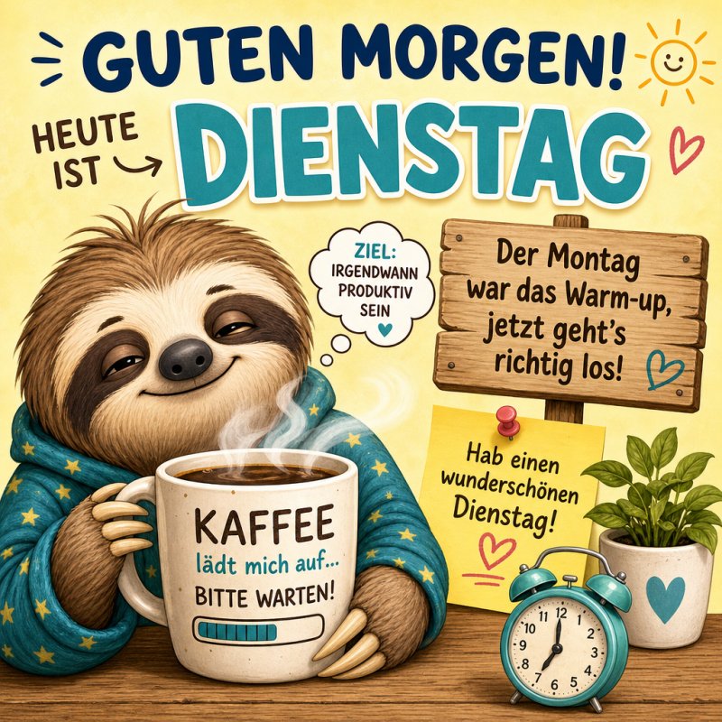 Ein lächelndes Faultier hält eine Kaffeetasse mit dem Text 'Kaffee lädt mich auf...' neben einem Wecker, als fröhlicher Guten-Morgen-Gruß zum Dienstag.