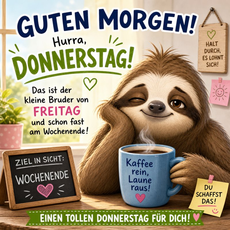 Ein lächelndes Faultier genießt entspannt seinen Kaffee, umgeben von fröhlichen Donnerstag-Elementen und motivierenden Sprüchen als Guten-Morgen-Gruß.