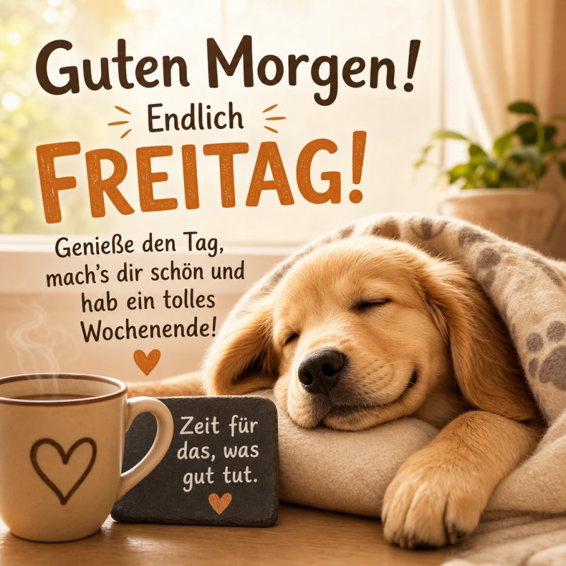 Ein schlafender Hund liegt auf einem Kissen neben einer Tasse Kaffee und einer Herzstein-Deko, während ein Guten-Morgen-Gruß den Freitag begrüßt.