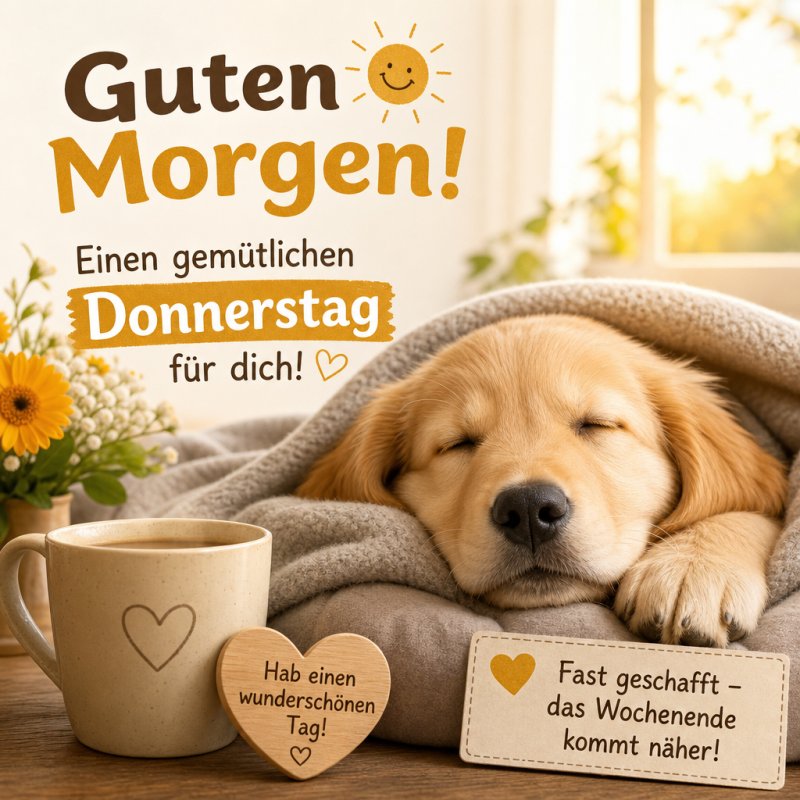 Ein süßer Welpe schläft eingerollt in eine Decke, umgeben von einer Tasse Kaffee und Holzschildern; ein herzlicher Guten-Morgen-Gruß für Donnerstag.