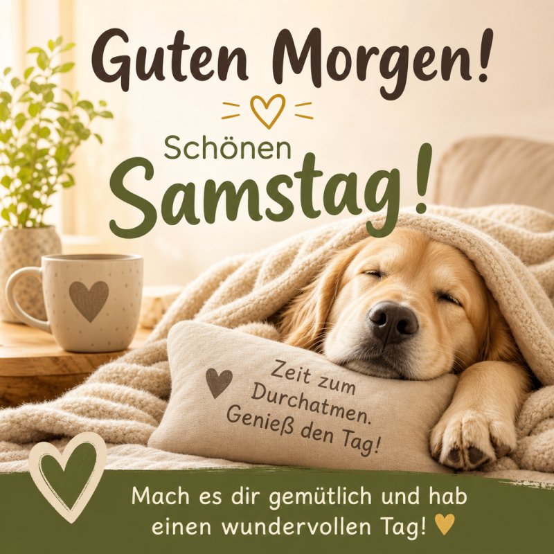 Ein Hund schläft gemütlich unter einer Decke auf einem Kissen mit der Aufschrift 'Zeit zum Durchatmen', während eine Tasse Kaffee den Guten-Morgen-Gruß begleitet.