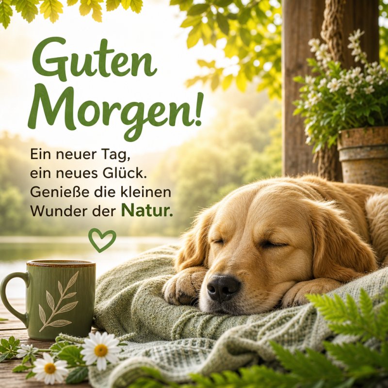 Ein schlafender Hund liegt friedlich auf einem Kissen neben einer Tasse Kaffee, umgeben von grünen Blättern unter einer Pergola, als Teil eines Guten-Morgen-Grußes.