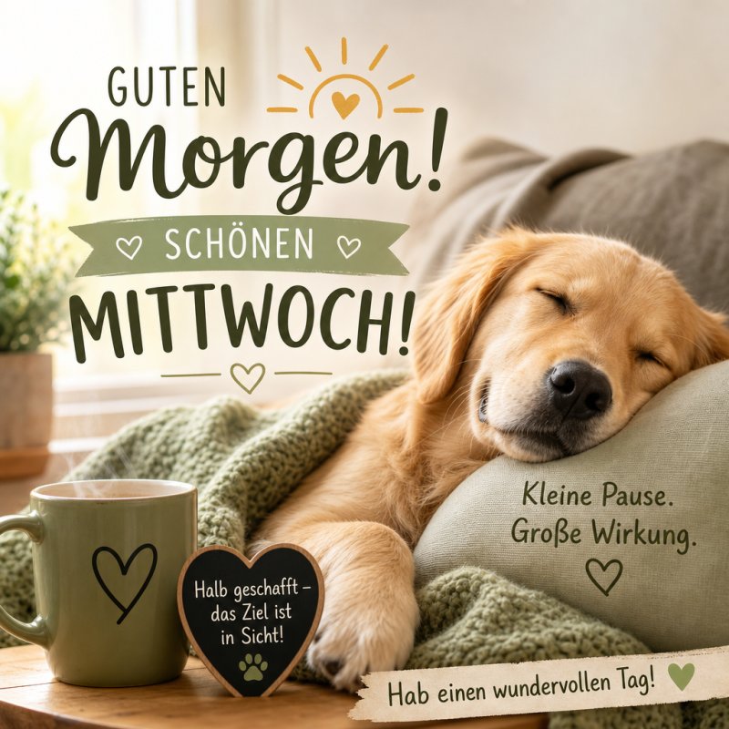 Ein schlafender Hund liegt gemütlich auf einem Sofa neben einer Tasse, mit einem Guten-Morgen-Gruß für den Mittwoch in einer warmen und einladenden Atmosphäre.