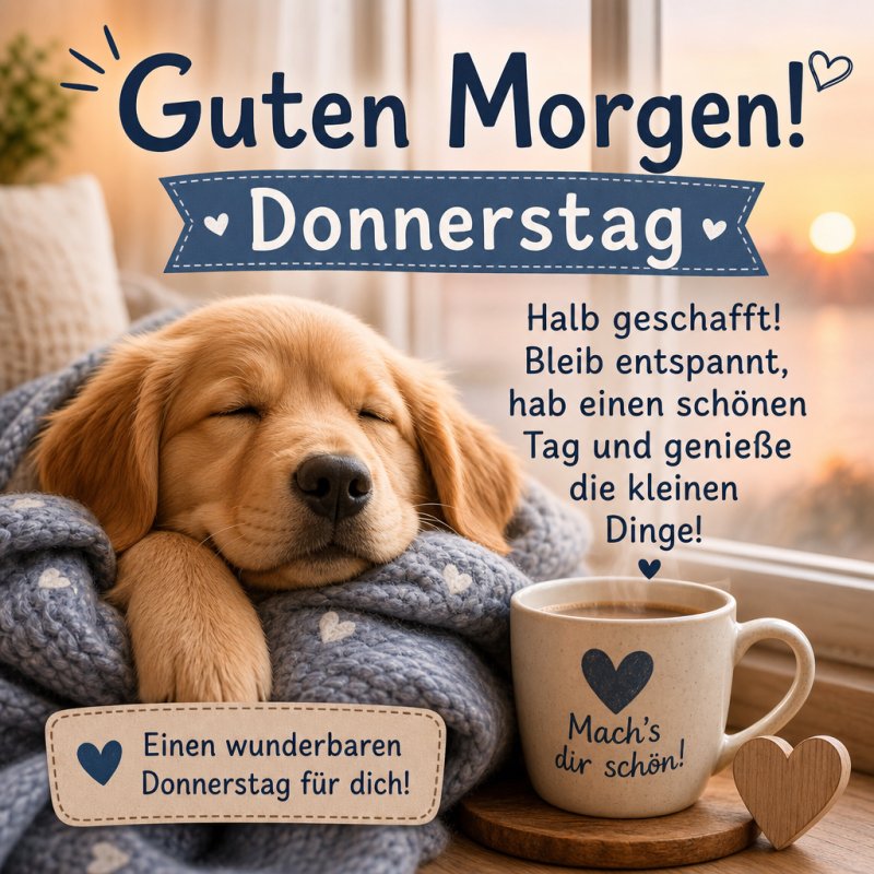 Ein schlafender Hund kuschelt unter einer Decke neben einer Tasse Kaffee mit einem Herzen, begleitet von einem Guten-Morgen-Gruß für Donnerstag.