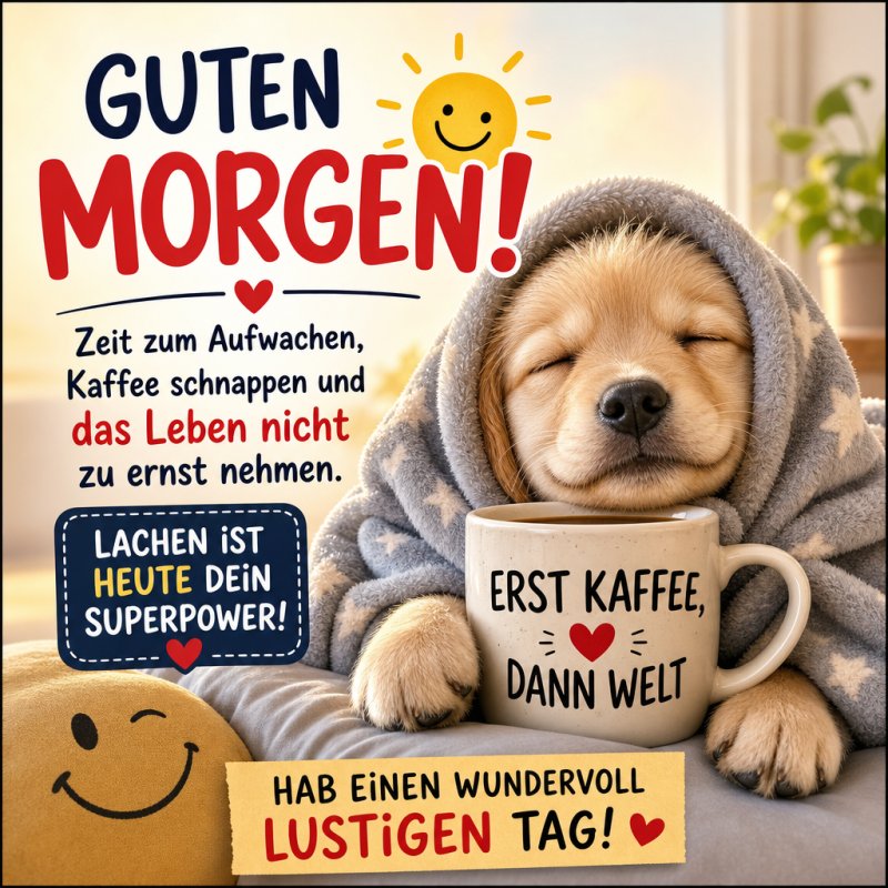 Ein niedlicher Hund in einer Decke hält eine Tasse mit der Aufschrift "Erst Kaffee, dann Welt" als lustiger Guten-Morgen-Gruß, umgeben von fröhlichen Nachrichten.