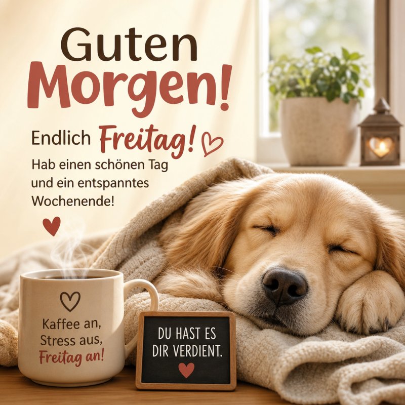 Ein schlafender Hund liegt neben einer Kaffeetasse mit der Aufschrift 'Kaffee an, Stress aus, Freitag an!' als Teil eines Guten-Morgen-Grußes zum Freitag.