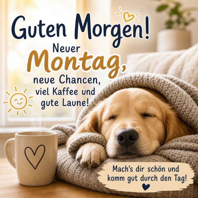 Ein schlafender Hund liegt gemütlich in einer Decke eingewickelt auf einem Sofa, neben einer Tasse Kaffee, als Teil eines freundlichen Guten-Morgen-Grußes.