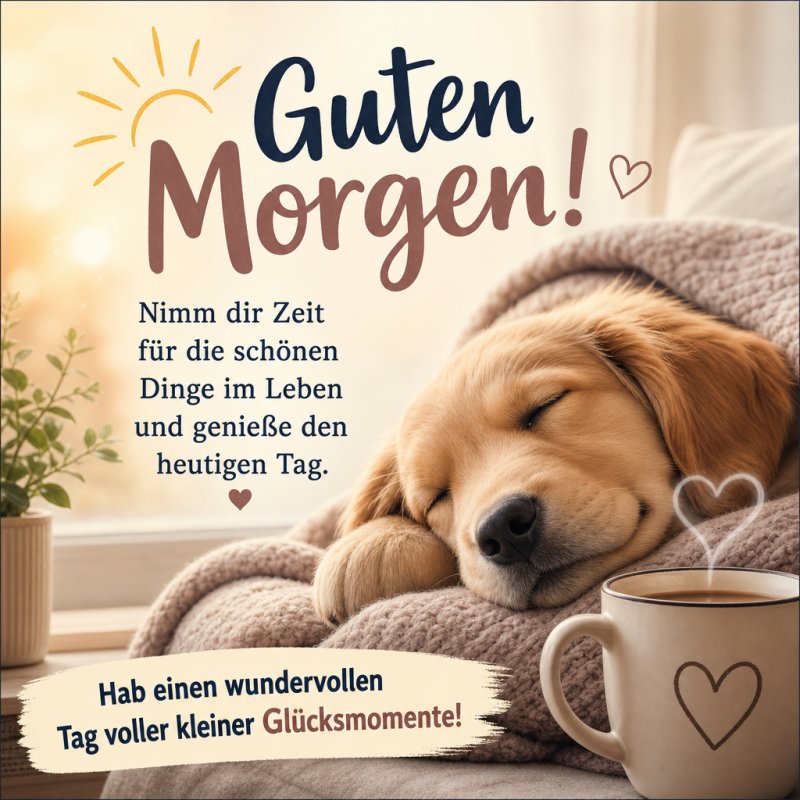 Ein gemütlicher Guten-Morgen-Gruß mit einem schlafenden Hund neben einer Tasse Kaffee und einer Pflanze, umgeben von sanften Farben und warmem Licht.