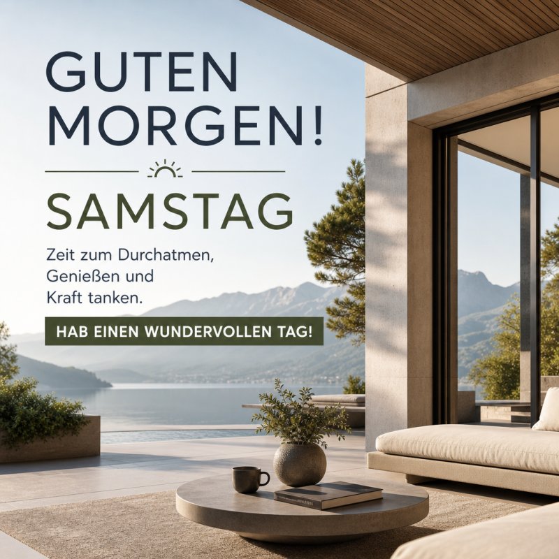 Eine moderne Terrasse mit Blick auf einen ruhigen See bei Sonnenschein bietet im Guten-Morgen-Gruß eine einladende Atmosphäre für einen entspannten Samstag.