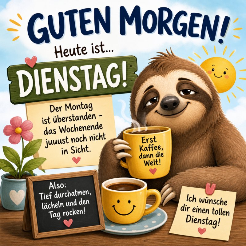 Ein lächelndes Faultier hält eine Tasse Kaffee neben Pflanzen und Schildern mit fröhlichen Sprüchen für einen Guten-Morgen-Gruß am Dienstag.