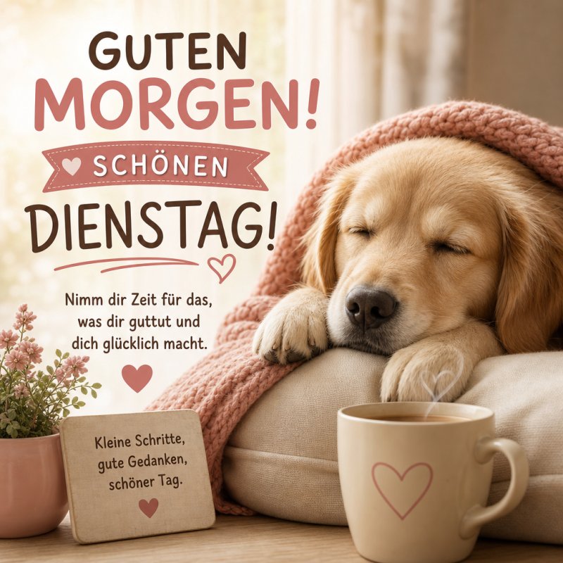 Ein gemütlicher Guten-Morgen-Gruß zeigt einen schlafenden Hund mit einer Decke, eine dampfende Tasse und inspirierende Worte für einen schönen Dienstag.